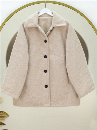 Çift Cepli Önü Düğmeli Astarlı Buklet Kaban -Bej