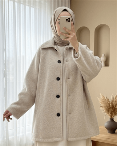 Çift Cepli Önü Düğmeli Astarlı Buklet Kaban -Bej