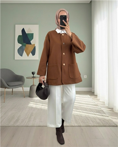 Çift Cepli Önü Düğmeli Kaşe Ceket -Açık Kahve