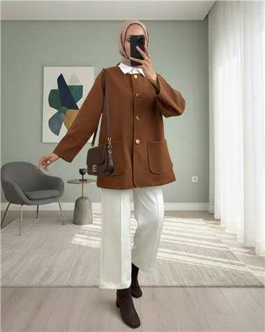 Çift Cepli Önü Düğmeli Kaşe Ceket -Açık Kahve