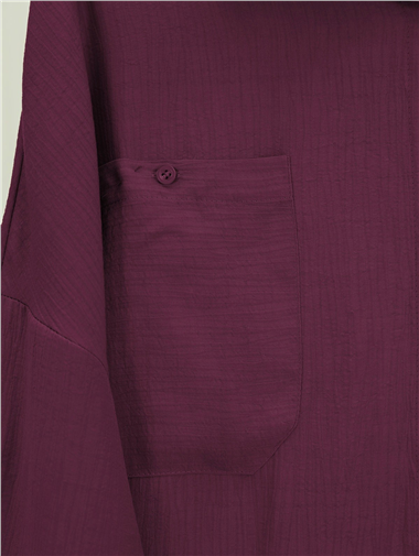 Çift Cepli Oval Kesim Kolu Katlamalı Gömlek Tunik -Bordo