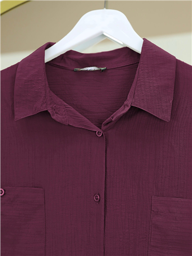 Çift Cepli Oval Kesim Kolu Katlamalı Gömlek Tunik -Bordo