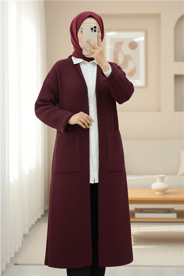 Çift Cepli Uzun Triko Hırka -Bordo
