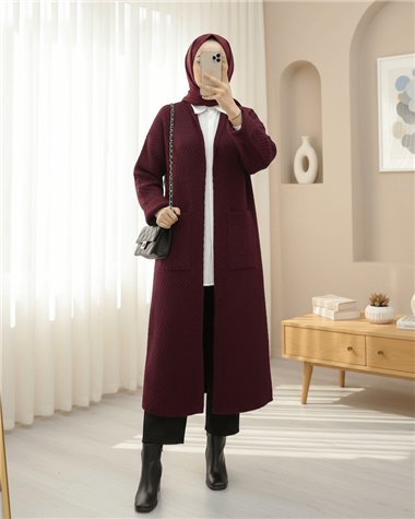Çift Cepli Uzun Triko Hırka -Bordo