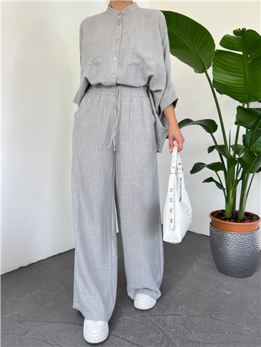 Çift Cepli Yarım Yarasa Kol Salaş Gömlek Takım -Gri