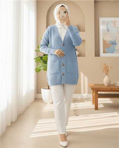 كارديجان محبوك ناعم بجيوب مزدوجة - أزرق