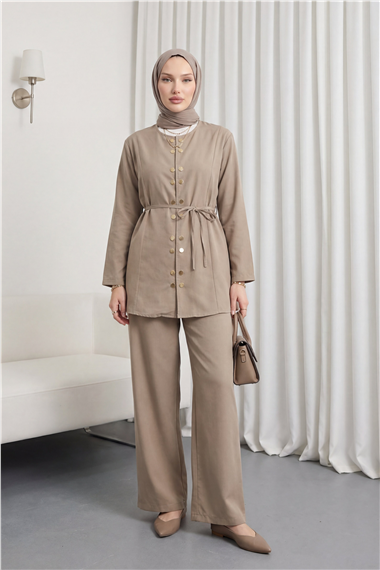 Çift Çıtçıt Detaylı Yuvarlak Yaka Bol Paça Pantolonlu Modal Takım -Vizon