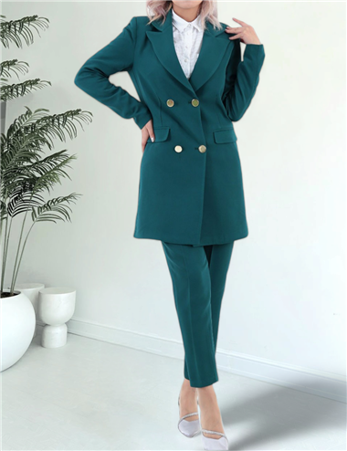 Çift Düğmeli Cep Detaylı Blazer Takım -Zümrüt