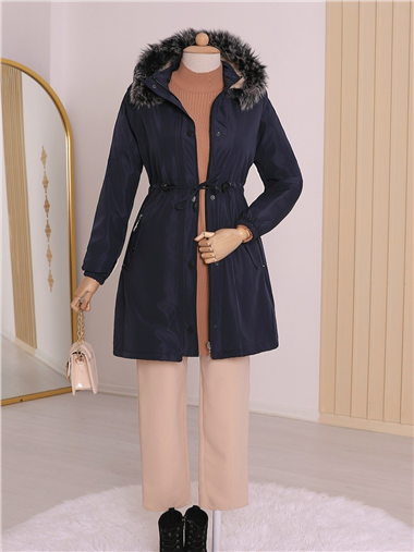 Çıkma Kapşonlu Kolu Lastikli Cepli Kısa Kaban -Laci