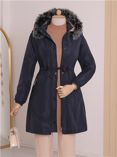 Çıkma Kapşonlu Kolu Lastikli Cepli Kısa Kaban -Laci