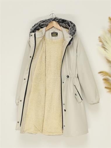 Womens Detachable Hooded Elastic-Cuff Pocket Short Coat - Stone