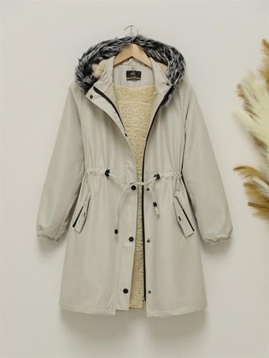 Womens Detachable Hooded Elastic-Cuff Pocket Short Coat - Stone