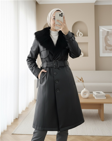 Çıkma Kürklü  Deri Mont -Siyah