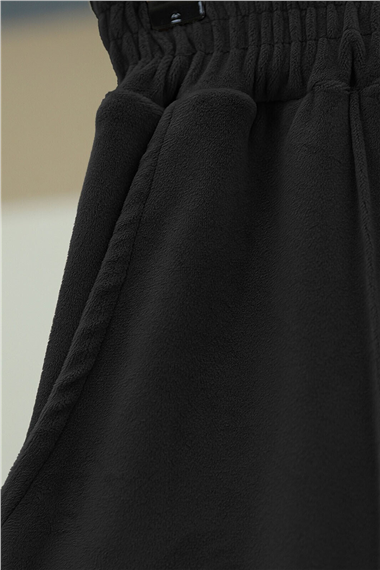Çımalı Beli Lastikli Kadife Pantolon -Siyah