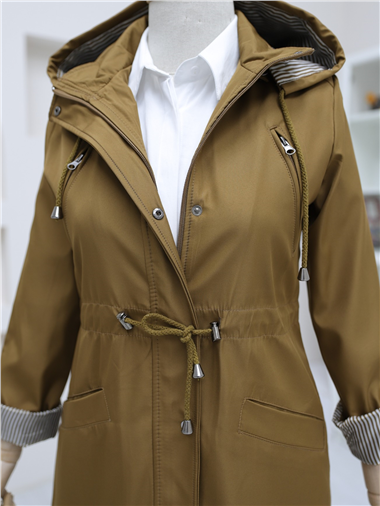 Çıtçıtlı Fermuarlı Kapşonlu Trenckot -Taba
