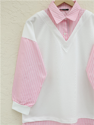 Çizgili Gömlek Detaylı Sweat Tunik -Pembe
