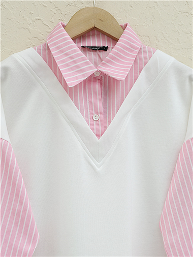Çizgili Gömlek Detaylı Sweat Tunik -Pembe