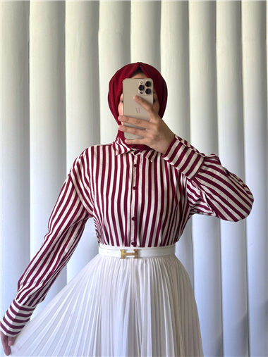 Çizgili Oversize Düğmeli Gömlek -Bordo