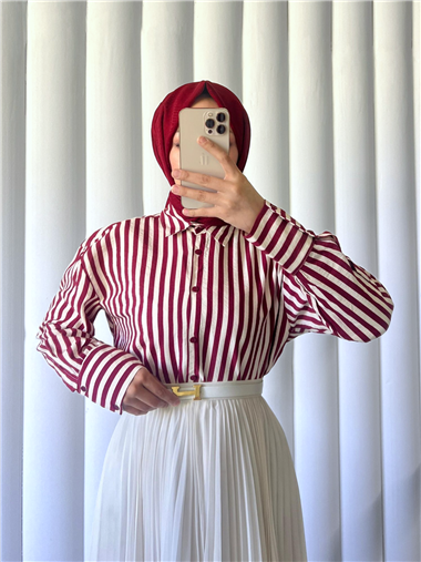 Çizgili Oversize Düğmeli Gömlek -Bordo