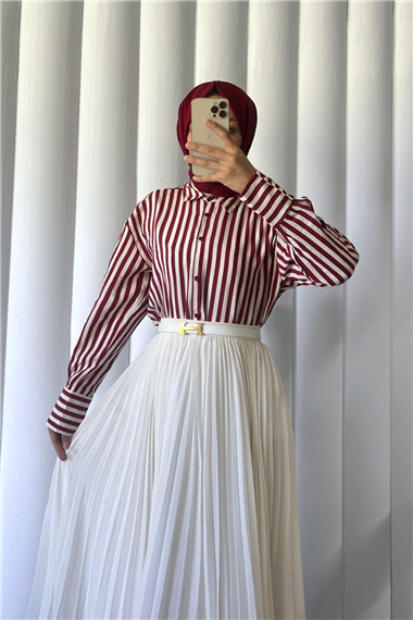 Çizgili Oversize Düğmeli Gömlek -Bordo