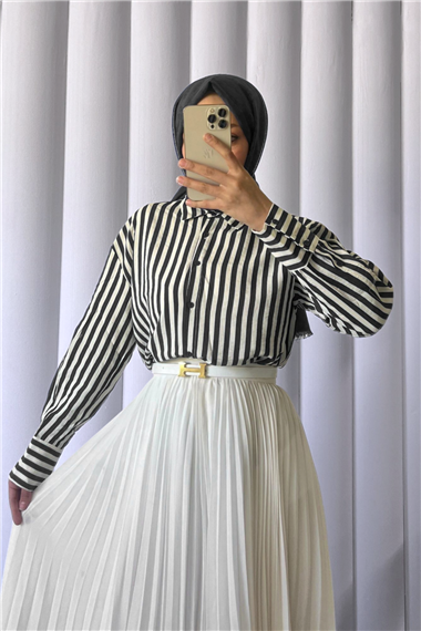 Çizgili Oversize Düğmeli Gömlek -Siyah