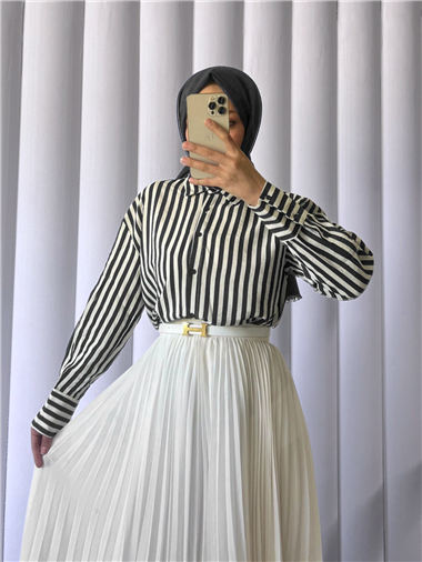 Çizgili Oversize Düğmeli Gömlek -Siyah