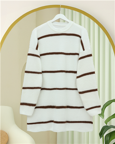 Çizgili Salaş Sakallı Triko Tunik -Beyaz