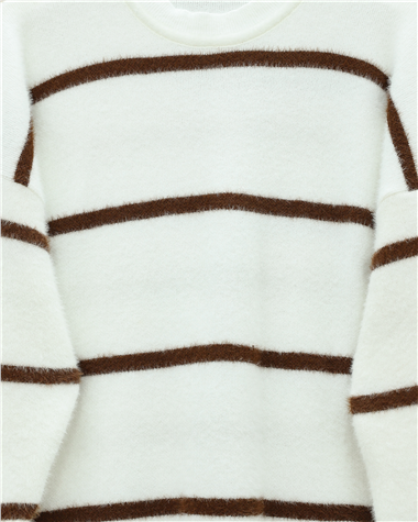 Çizgili Salaş Sakallı Triko Tunik -Beyaz