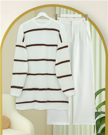 Çizgili Salaş Sakallı Triko Tunik -Beyaz