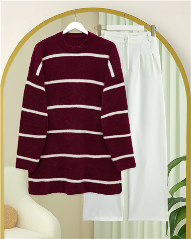 Çizgili Salaş Sakallı Triko Tunik -Bordo