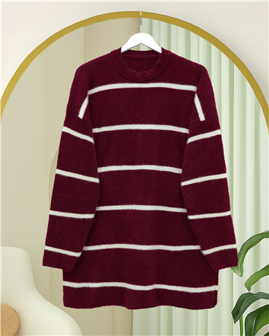 Çizgili Salaş Sakallı Triko Tunik -Bordo