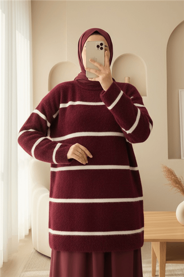 Çizgili Salaş Sakallı Triko Tunik -Bordo