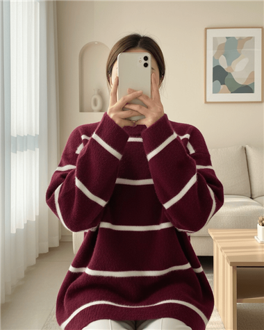 Çizgili Salaş Sakallı Triko Tunik -Bordo