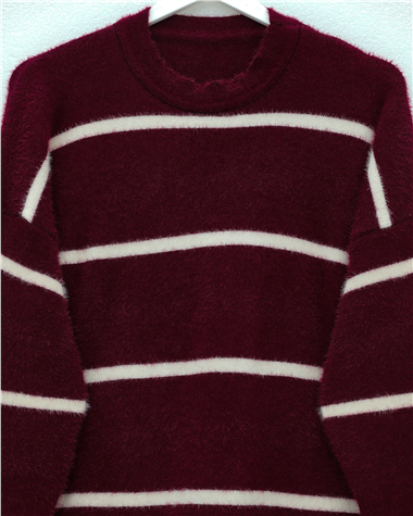 Çizgili Salaş Sakallı Triko Tunik -Bordo