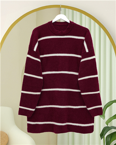 Çizgili Salaş Sakallı Triko Tunik -Bordo