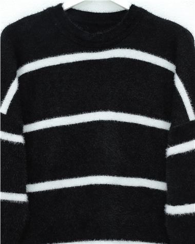 Çizgili Salaş Sakallı Triko Tunik -Siyah