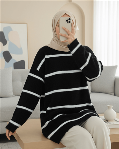Çizgili Salaş Sakallı Triko Tunik -Siyah