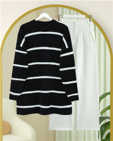 Çizgili Salaş Sakallı Triko Tunik -Siyah