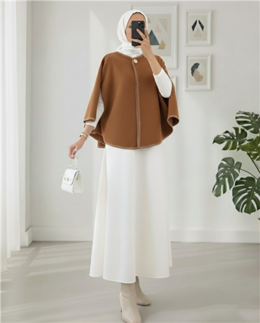 Çoban Dikişli Cepli Kaşe Panço -Açık Kahve