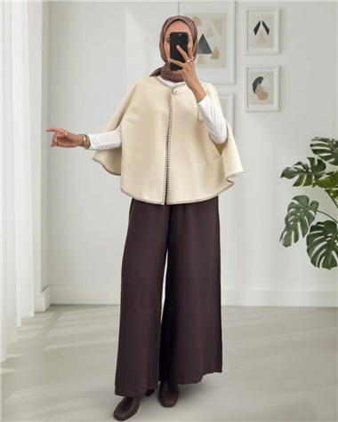 Çoban Dikişli Cepli Kaşe Panço -Bej