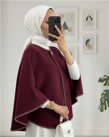 Çoban Dikişli Cepli Kaşe Panço -Mürdüm