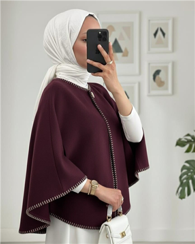 Çoban Dikişli Cepli Kaşe Panço -Mürdüm