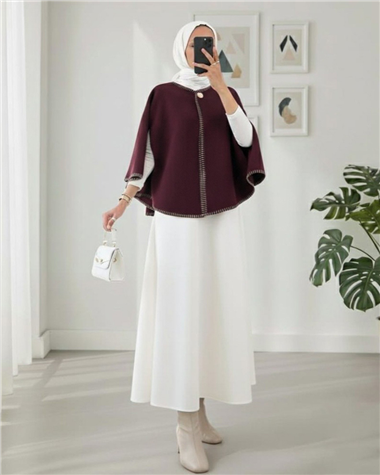 Çoban Dikişli Cepli Kaşe Panço -Mürdüm