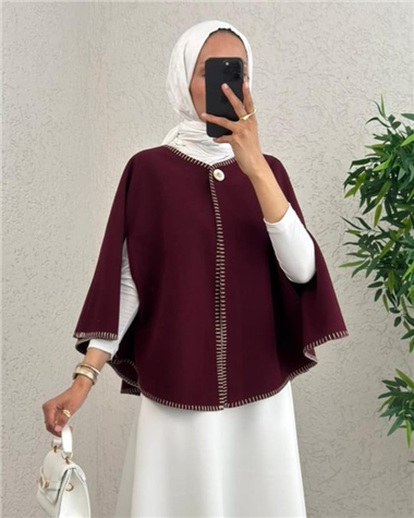 Çoban Dikişli Cepli Kaşe Panço -Mürdüm