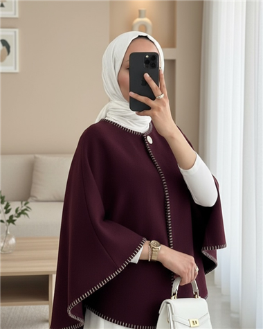 Çoban Dikişli Cepli Kaşe Panço -Mürdüm