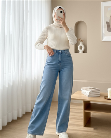 Çok Cepli Yüksek Bel Kot Pantolon  -Buz Mavi