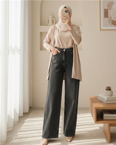 Çok Cepli Yüksek Bel Kot Pantolon  -Füme