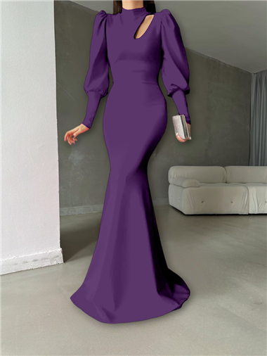 Damla Yakalı Pileli Balon Kol Boydan Elbise -Mor