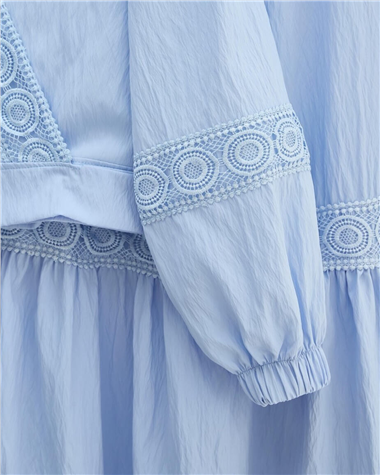 Dantel Detaylı Bağlamalı Kolu Lastikli Kraş Etekli Takım  -Bebe Mavi