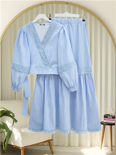 Dantel Detaylı Bağlamalı Kolu Lastikli Kraş Etekli Takım  -Bebe Mavi